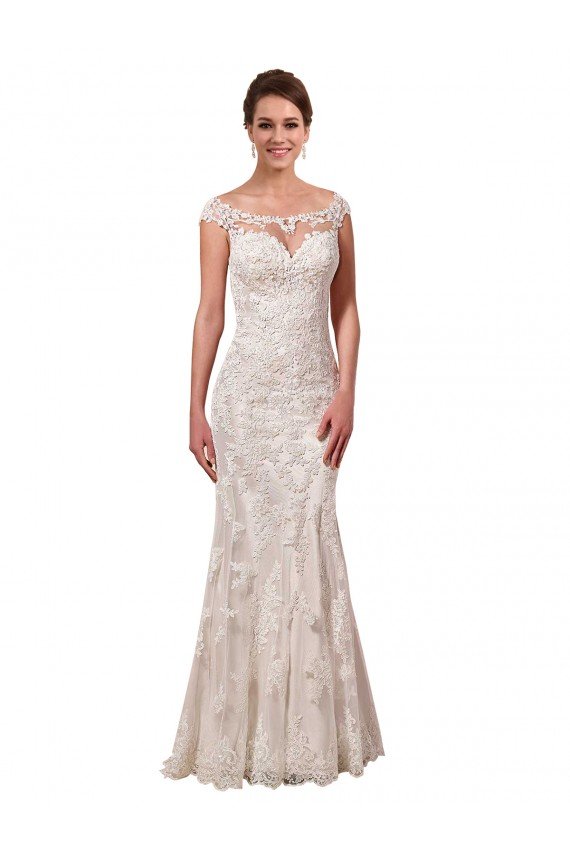 Affordable Illusion Bateau Neckline Fit and Flare Lace Wedding Dress