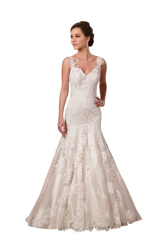 Affordable Open Back Mermaid Tulle Wedding Dress with Lace Bodice