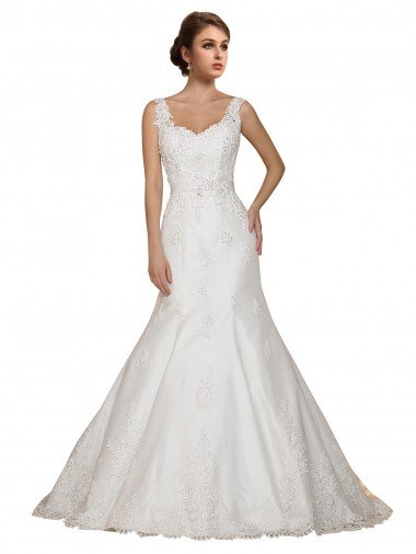 Affordable Sweethart V-Neckline Lace Wedding Dress with Shoulder Straps