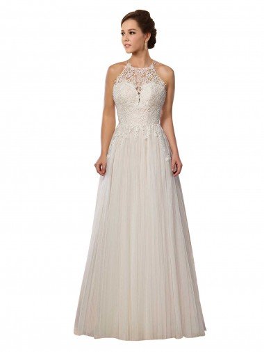 Affordable Illusion Halter Lace Boho Wedding Dress with Plunging Sweetheart Bodice