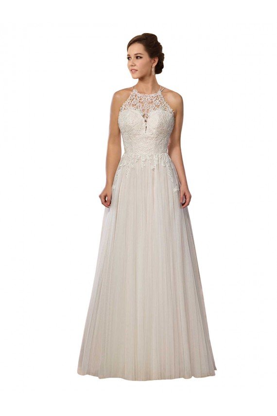 Affordable Illusion Halter Lace Boho Wedding Dress with Plunging Sweetheart Bodice