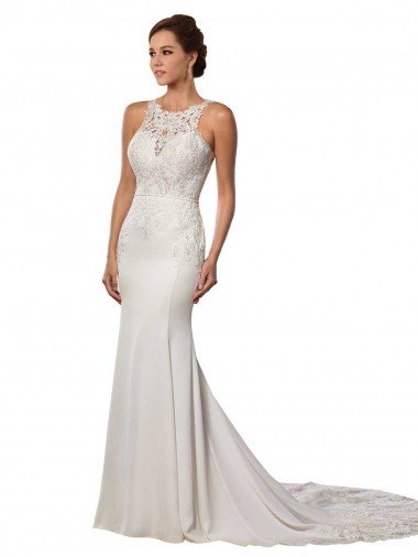 Affordable Modern Deep V-Neck Sheath Lace Wedding Dress with Open V-Back