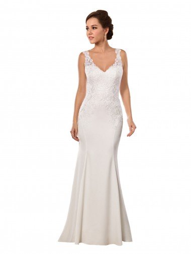 Affordable V-Neck Mermaid Crepe Wedding Dress with Lace Bodice