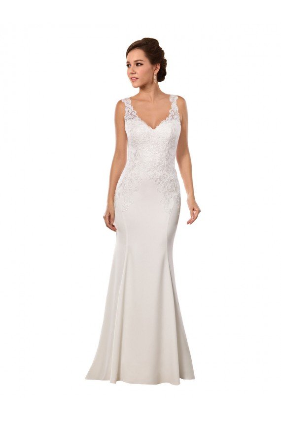 Affordable V-Neck Mermaid Crepe Wedding Dress with Lace Bodice