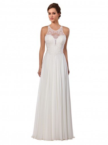 Affordable Illusion Neck A-Line Lace and Chiffon Beach Wedding Dress