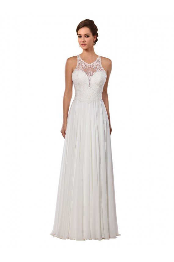 Affordable Illusion Neck A-Line Lace and Chiffon Beach Wedding Dress