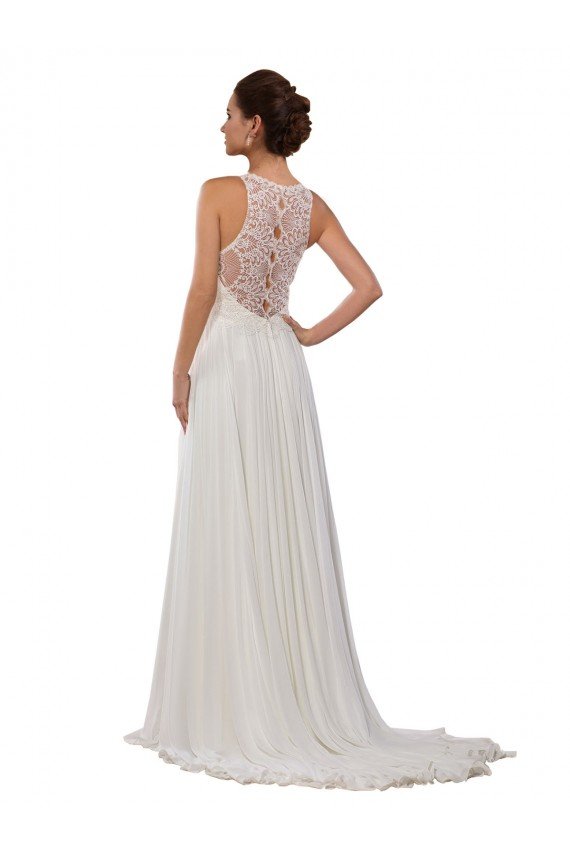 Affordable Illusion Neck A-Line Lace and Chiffon Beach Wedding Dress