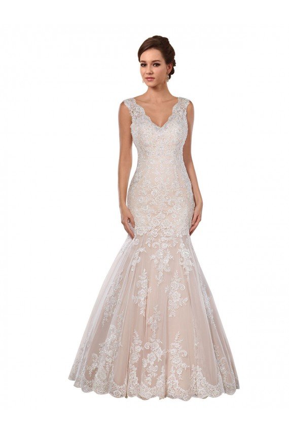 Affordable Classic Fit and Flare V-Neck Mermaid Lace Wedding Dress
