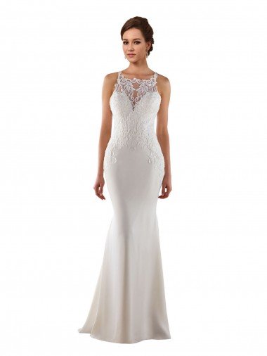 Affordable Modern High Neck Sheath Wedding Dress with Lace Bodice