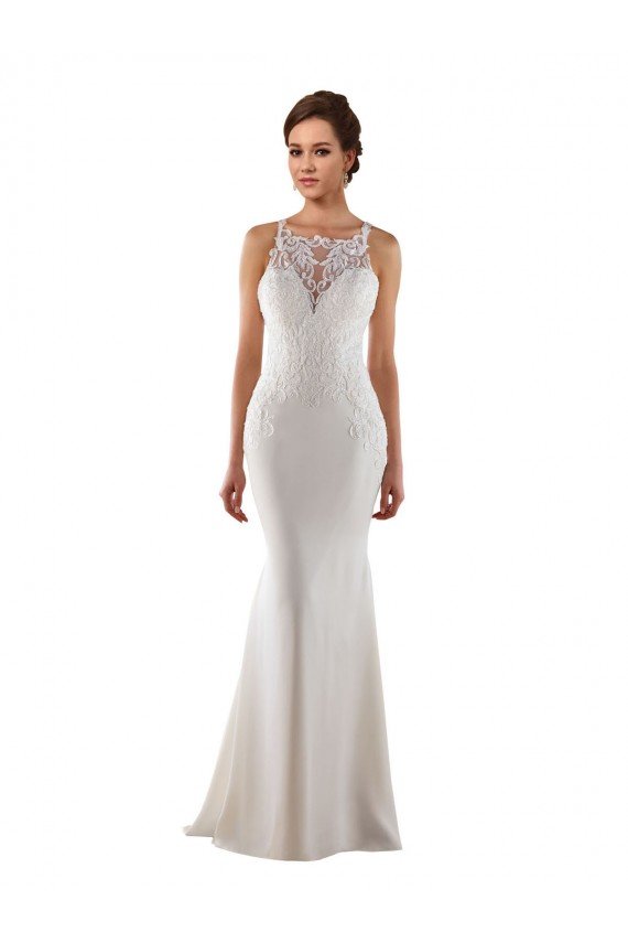 Affordable Modern High Neck Sheath Wedding Dress with Lace Bodice