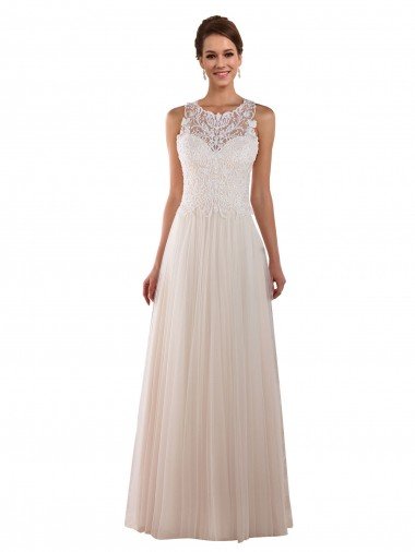 Affordable High Neck A-Line Tulle Wedding Dress with Lace Back