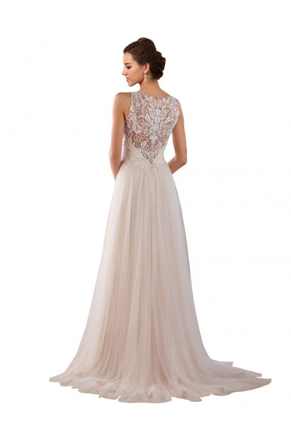 Affordable High Neck A-Line Tulle Wedding Dress with Lace Back