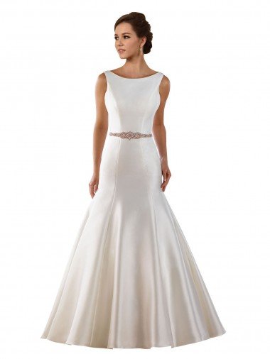 Affordable Modern Boat Neck Mermaid Satin Wedding Dress with Deep V-Back