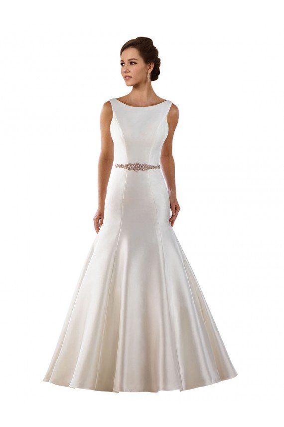 Affordable Modern Boat Neck Mermaid Satin Wedding Dress with Deep V-Back