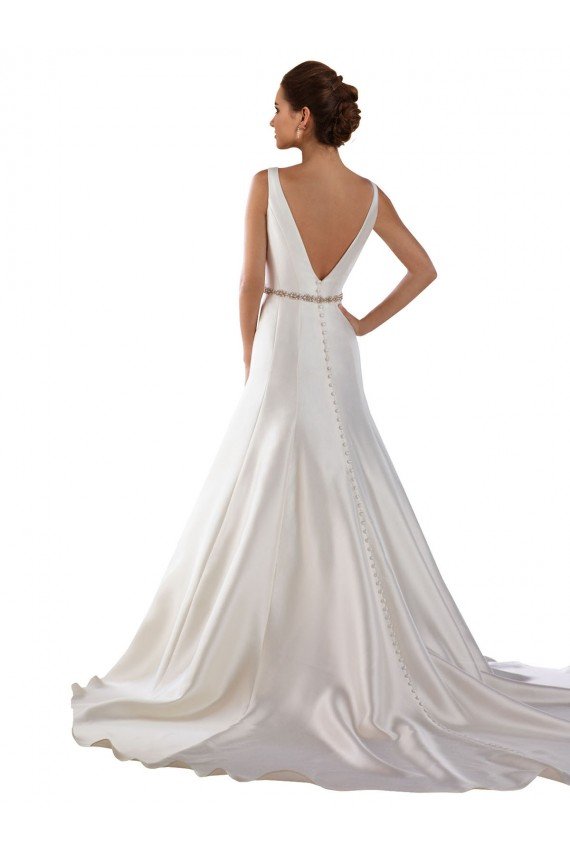 Affordable Modern Boat Neck Mermaid Satin Wedding Dress with Deep V-Back