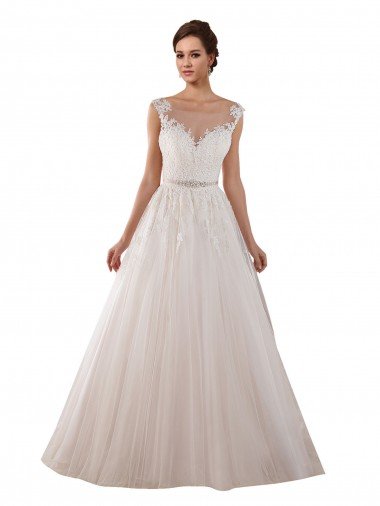 Affordable Illusion Sweetheart Neck Ball Gown Tulle Wedding Dress with Lace Bodice