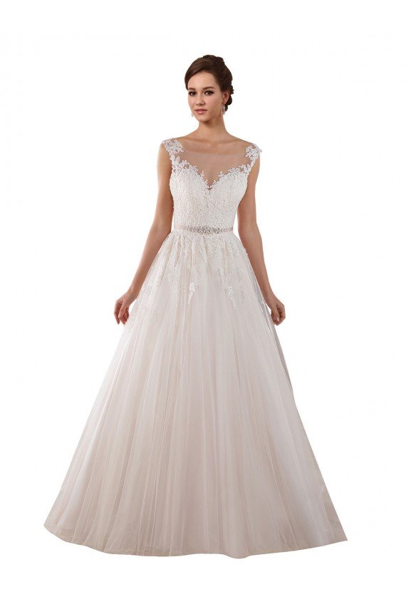 Affordable Illusion Sweetheart Neck Ball Gown Tulle Wedding Dress with Lace Bodice