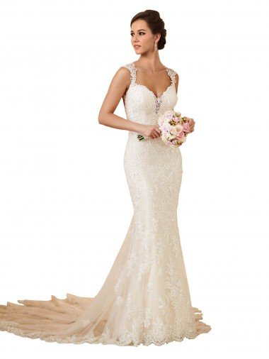 Affordable Modern Chapel Train Sweetheart Mermaid Lace Wedding Dress with Keyhole Back