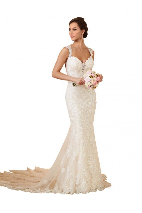Affordable Modern Chapel Train Sweetheart Mermaid Lace Wedding Dress with Keyhole Back