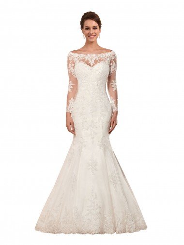 Affordable Long Sleeves Mermaid Lace Wedding Dress with Illusion Back