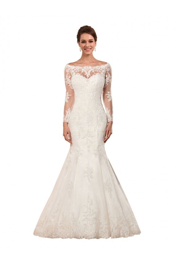 Affordable Long Sleeves Mermaid Lace Wedding Dress with Illusion Back