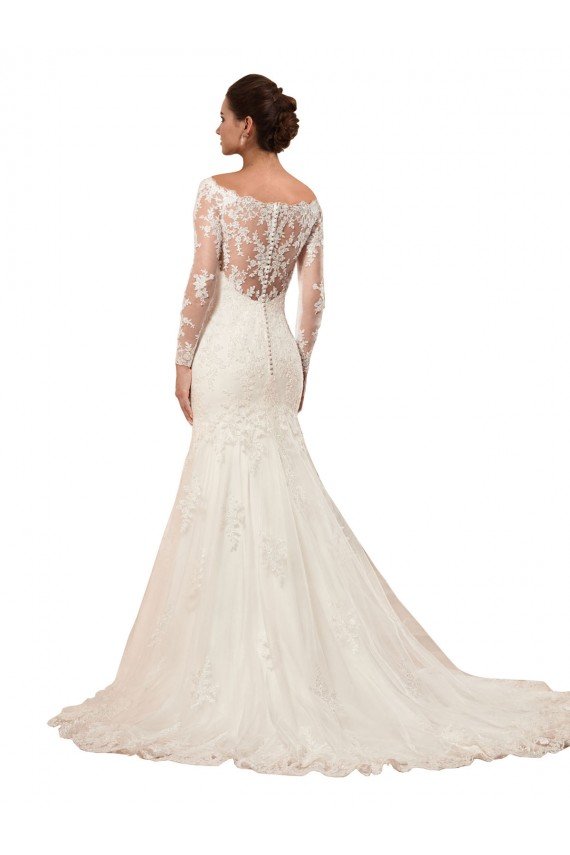 Affordable Long Sleeves Mermaid Lace Wedding Dress with Illusion Back
