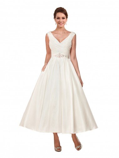 Affordable V-Neck A-Line Short Ankle Length Satin Wedding Dress