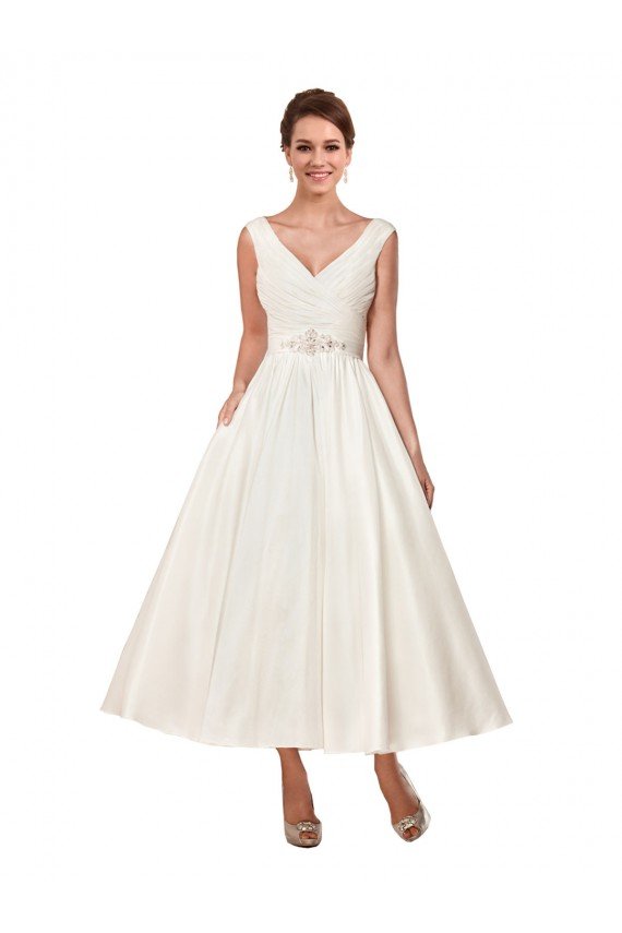 Affordable V-Neck A-Line Short Ankle Length Satin Wedding Dress