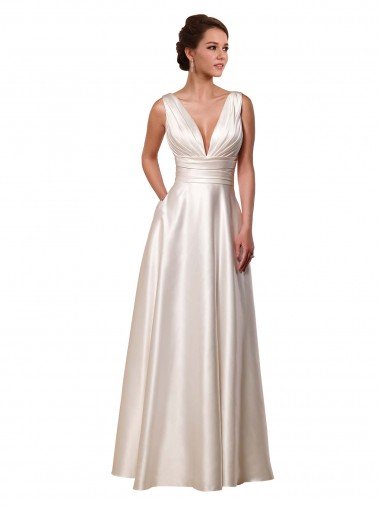 Affordable Deep V-Neck A-Line Satin Wedding Dress with Pockets