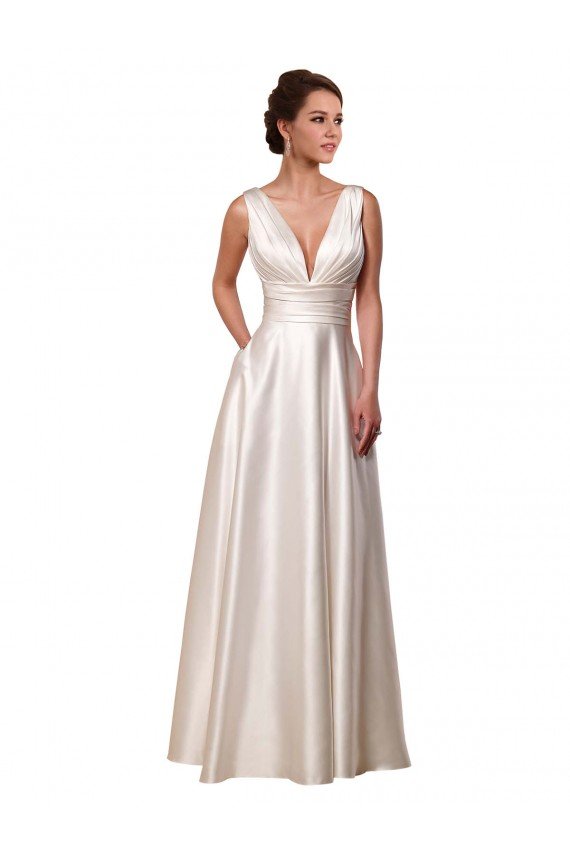 Affordable Deep V-Neck A-Line Satin Wedding Dress with Pockets