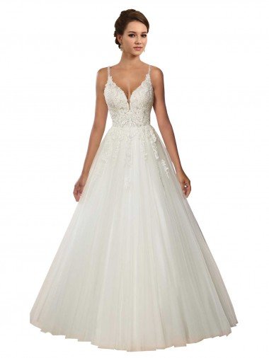 Affordable Modern Spaghetti Straps Ball Gown Tulle Wedding Dress with Lace Bodice