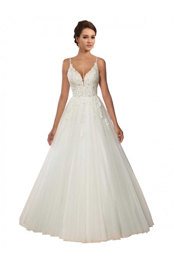 Affordable Modern Spaghetti Straps Ball Gown Tulle Wedding Dress with Lace Bodice