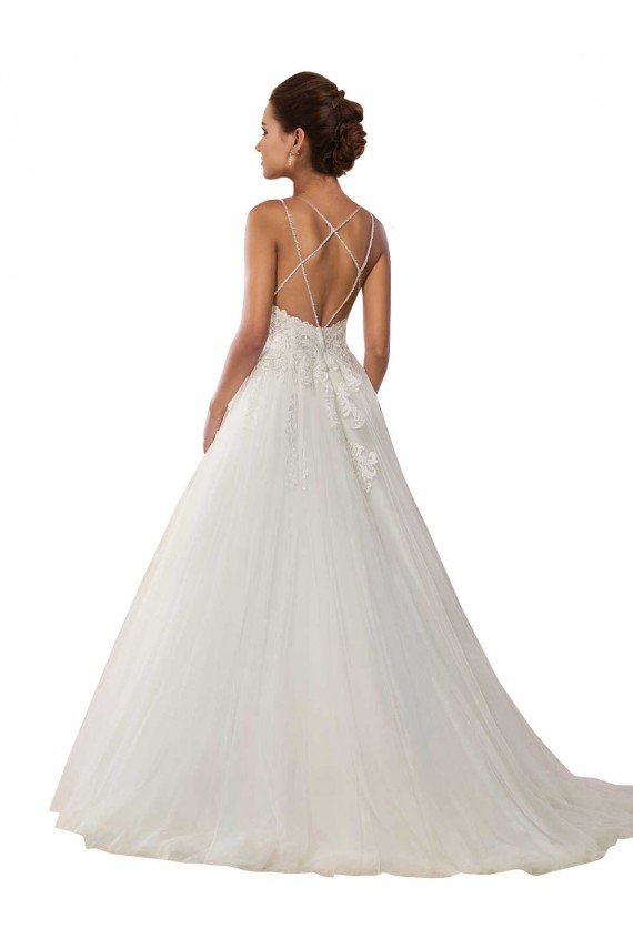 Affordable Modern Spaghetti Straps Ball Gown Tulle Wedding Dress with Lace Bodice