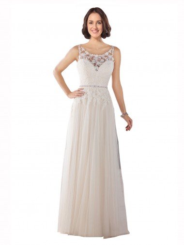 Affordable High Lace Neck Illusion Back Tulle Boho Wedding Dress