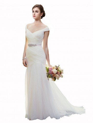 Affordable Cap Sleeves Off the Shoulder Ruched Mermaid Tulle Beach Wedding Dress