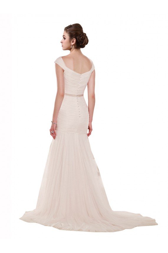 Affordable Cap Sleeves Off the Shoulder Ruched Mermaid Tulle Beach Wedding Dress