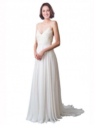 Affordable Spaghetti Straps V-Neck A-Line Chiffon Beach Wedding Dress