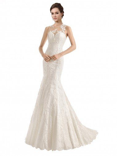 Affordable Illusion Neck Mermaid All Over Lace Wedding Dress