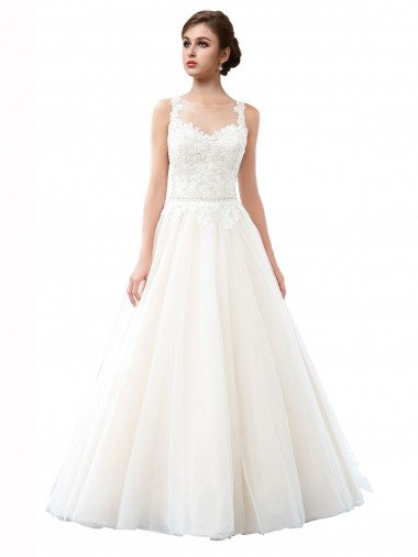 Affordable Illusion Neck A-Line Tulle Beach Wedding Dress with Lace Bodice