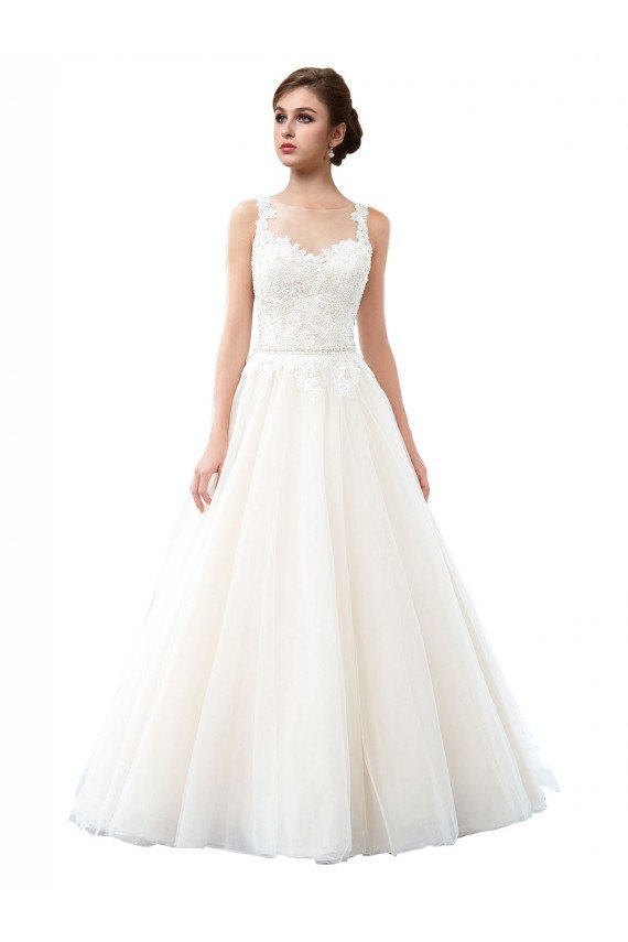 Affordable Illusion Neck A-Line Tulle Beach Wedding Dress with Lace Bodice
