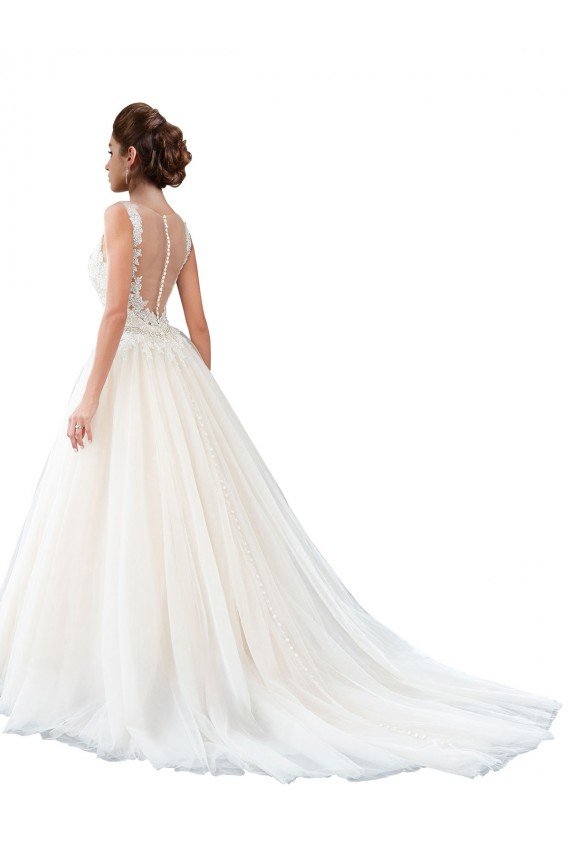 Affordable Illusion Neck A-Line Tulle Beach Wedding Dress with Lace Bodice