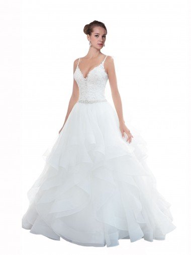 Affordable Spaghetti Straps Ball Gown Beach Wedding Dress with Lace Bodice