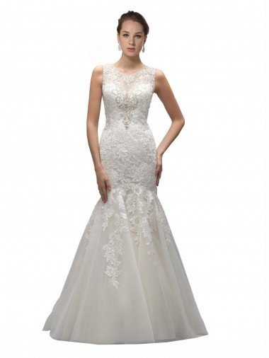 Affordable Illusion High Neck Mermaid Lace Wedding Dress