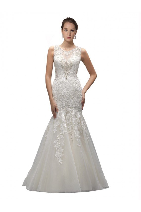 Affordable Illusion High Neck Mermaid Lace Wedding Dress
