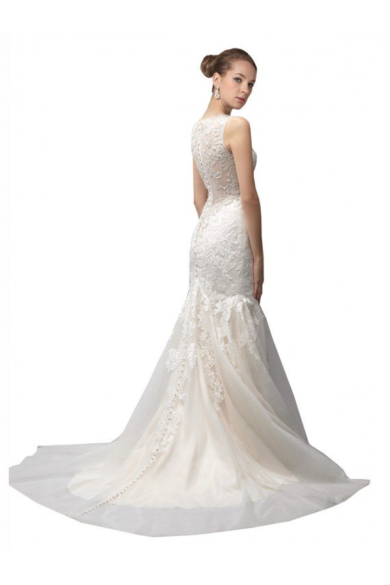 Affordable Illusion High Neck Mermaid Lace Wedding Dress