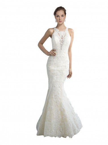 Affordable Deep Illusion Neck Mermaid Tulle Beach Wedding Dress with All Over Lace