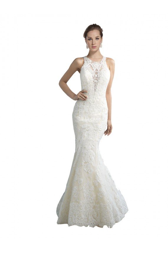 Affordable Deep Illusion Neck Mermaid Tulle Beach Wedding Dress with All Over Lace