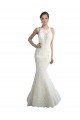 Affordable Deep Illusion Neck Mermaid Tulle Beach Wedding Dress with All Over Lace