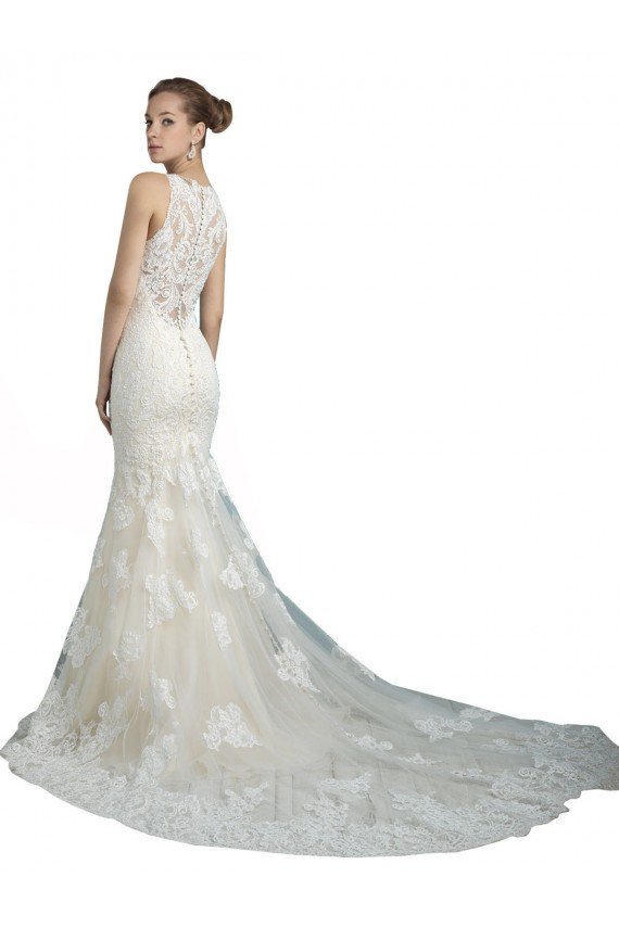 Affordable Deep Illusion Neck Mermaid Tulle Beach Wedding Dress with All Over Lace
