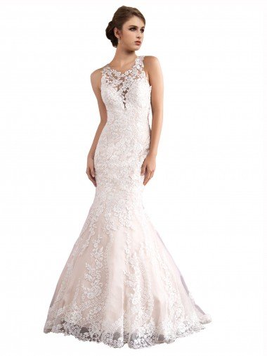 Affordable Illusion Neck Fit and Flare Tulle Wedding Dress with All Over Lace